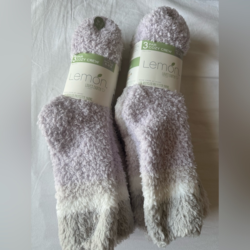 Lemon Fluffy Crew Socks - Soft Gray - 2 Pack of 3 Pairs